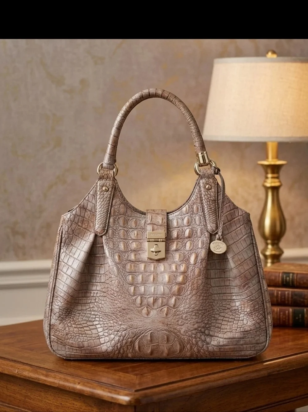 Brahmin Melbourne Crocodile Embossed Leather Hobo Bag Toasted Ombre EUC
